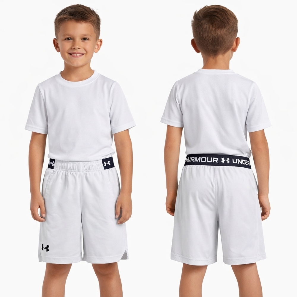 Under Armour Boys White Athletic Shorts Elastic Logo Waist NWT